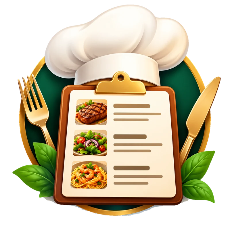 A chef's hat over a menu with a steak, a salad and a shrimp pasta, framed by a gold fork and knife